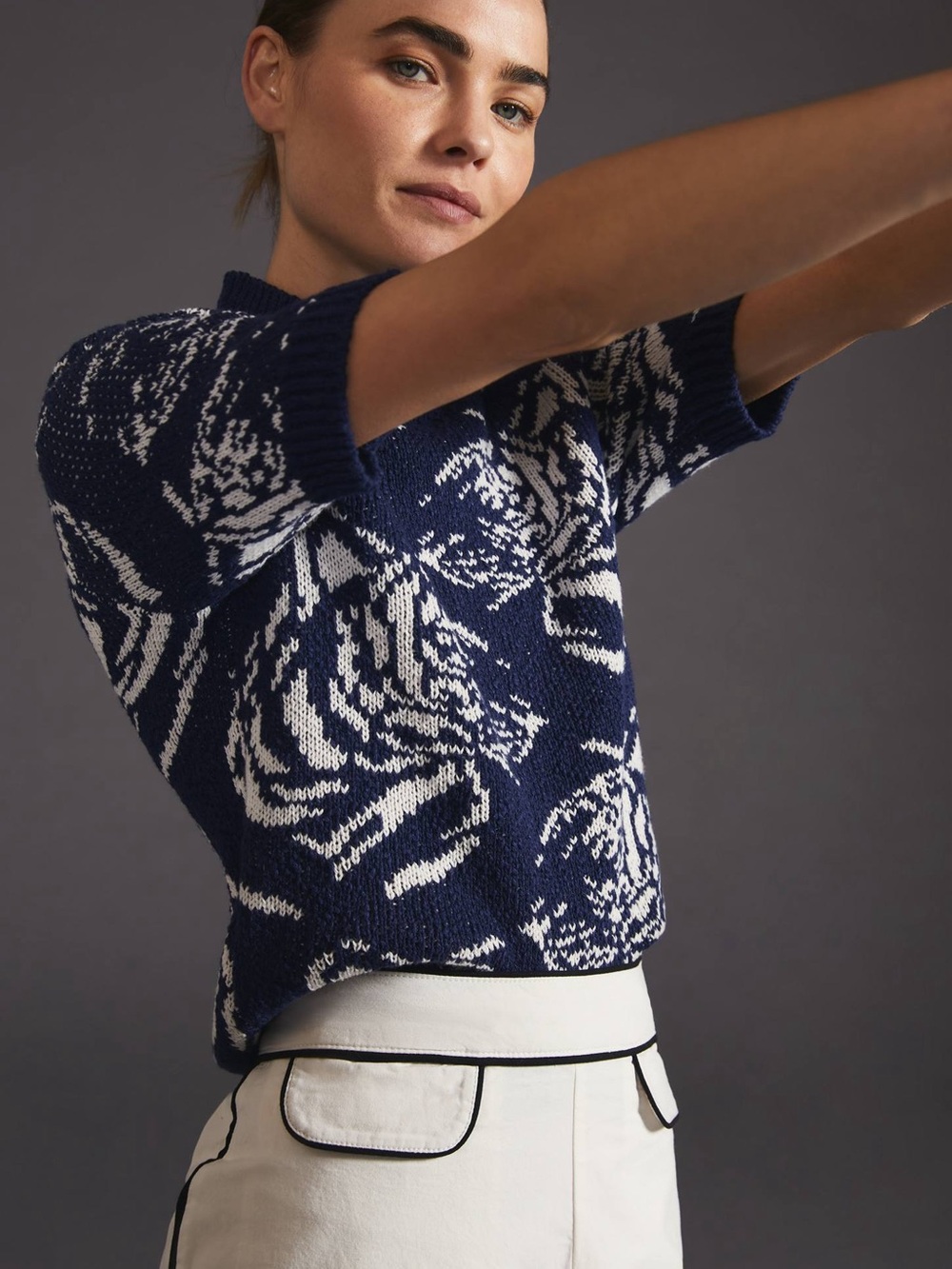 NWOT Maeve Anthropologie Navy and White Patterned Short-Sleeve Knit Sweater
